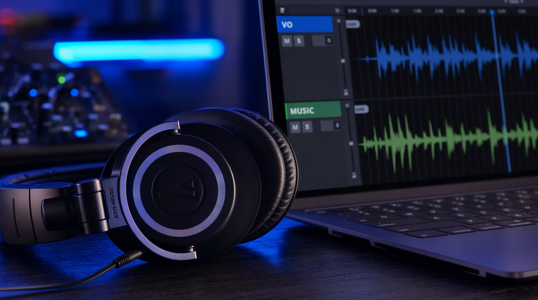 Studio headphones next to a laptop showing a VO and music track in a DAW — the setup every ad QA pass should use for the audio review