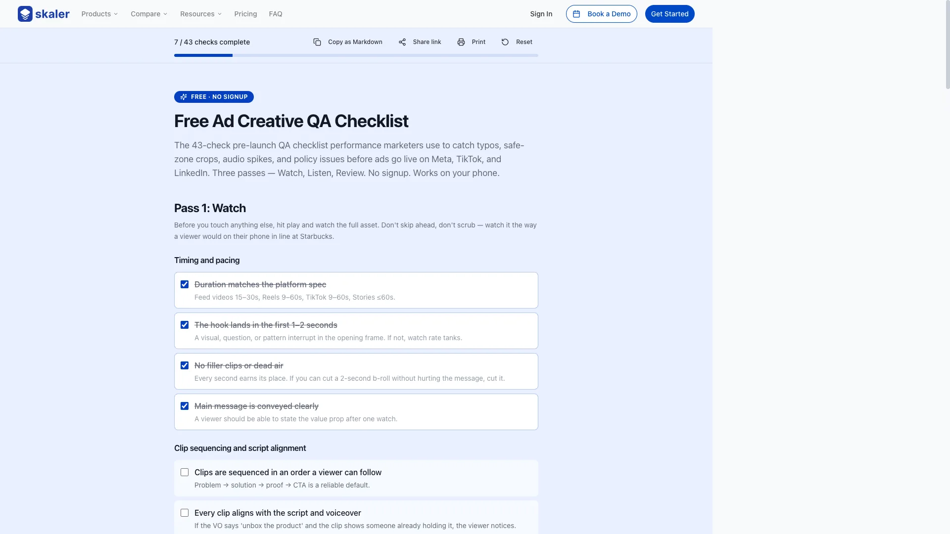 Free interactive Ad Creative QA Checklist — 43 checks across Watch, Listen, and Review passes, with progress bar and share link