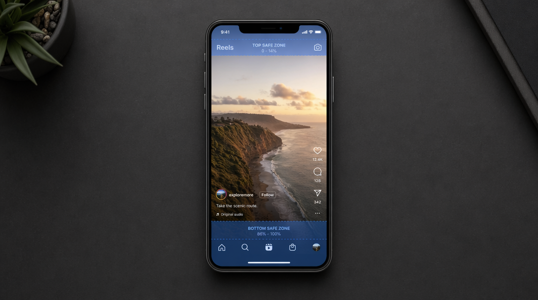 Phone screen showing a Reels ad with the top and bottom safe zones highlighted — what reviewers should check before exporting vertical video ads
