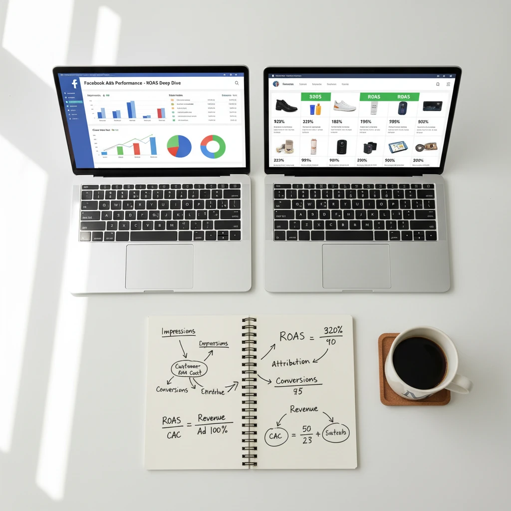 Performance marketer flat lay with a laptop showing a Facebook ad analytics dashboard, notebook with handwritten attribution math, and coffee mug in soft window light