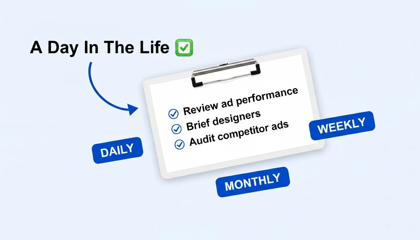 Creative strategist day-in-the-life dashboard showing daily, weekly, and monthly cadences