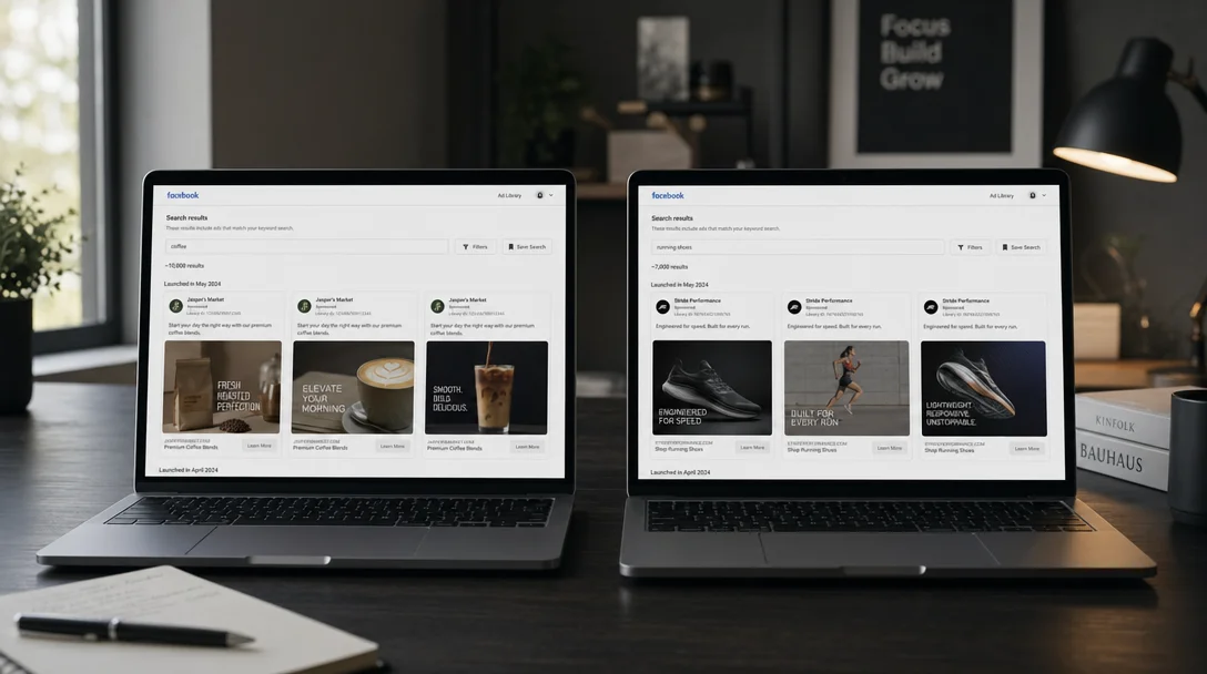 Two laptops side by side comparing Facebook Ad Library results from different regions, illustrating the data gap between US-only commercial ads and EU/UK delivered ads