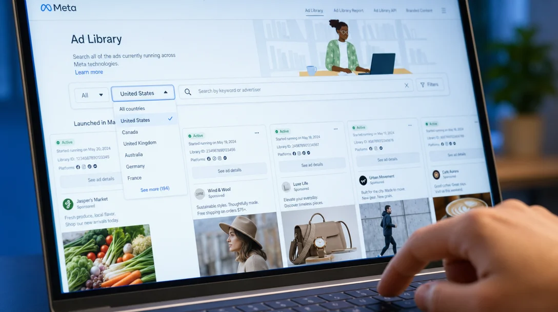 Close-up of a laptop screen showing the Facebook Ad Library search interface with country dropdown, search bar, and a grid of ad result thumbnails