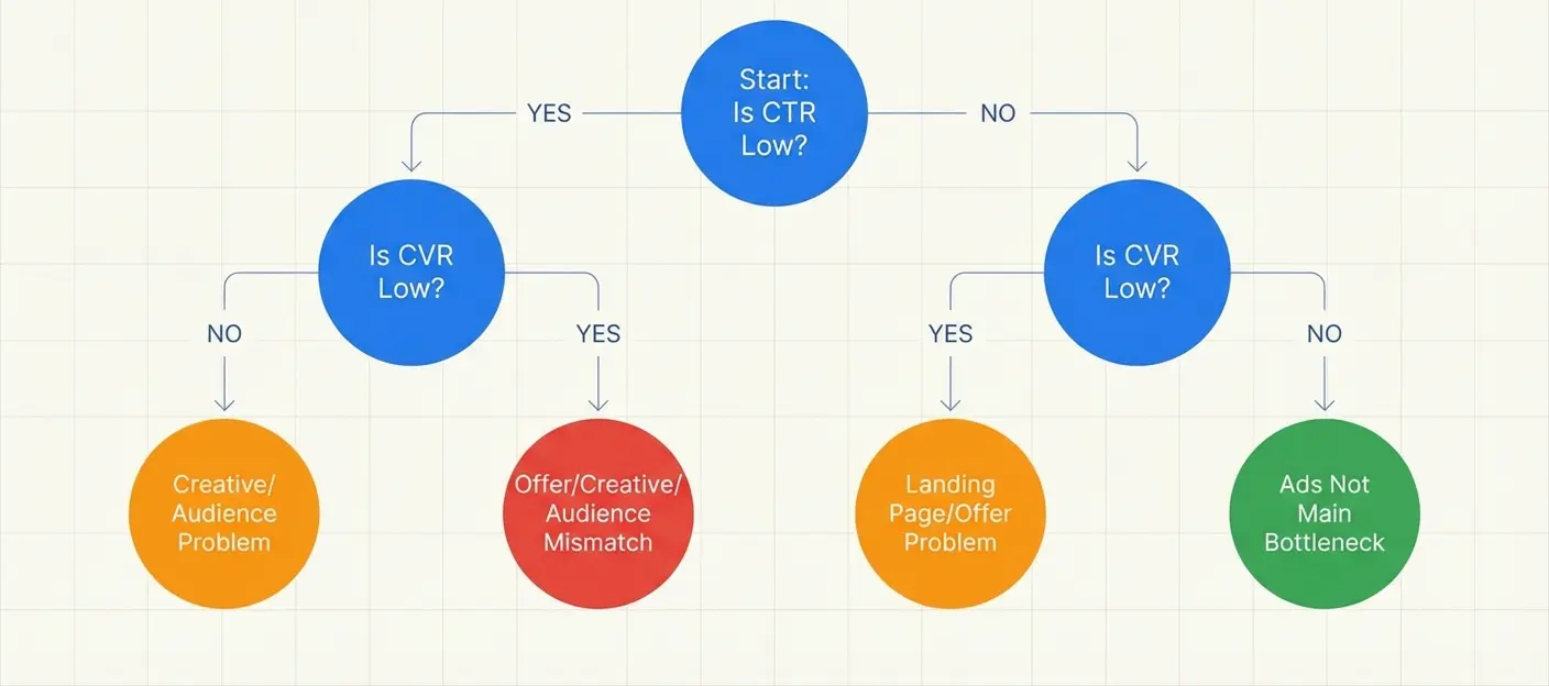 Diagnostic flowchart for Facebook ads not converting