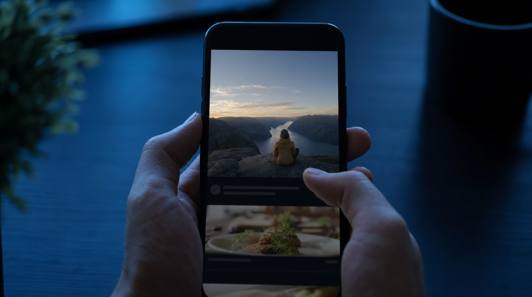 Smartphone playing a vertical video ad with the first 3 seconds highlighted, illustrating the algorithmic gate that decides hook rate
