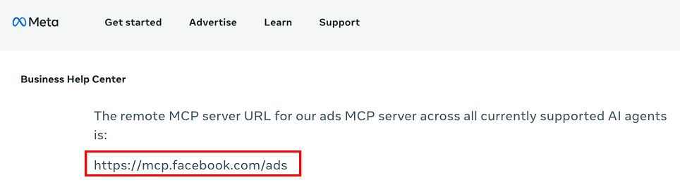 Meta Business Help Center page showing the official Meta Ads MCP server URL https://mcp.facebook.com/ads