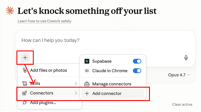 Claude prompt bar with the + menu open showing Connectors and Add connector highlighted