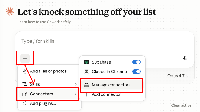 Claude Connectors menu showing Manage connectors highlighted, where the Connect button for Meta MCP appears