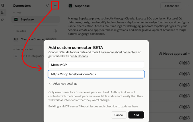 Claude Add custom connector dialog with Meta MCP as the name and https://mcp.facebook.com/ads as the URL
