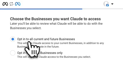Facebook business-selection screen with options to opt in to all current and future Businesses or selected Businesses only