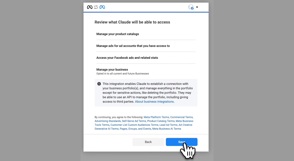 Facebook Review what Claude will be able to access screen listing the four MCP scopes