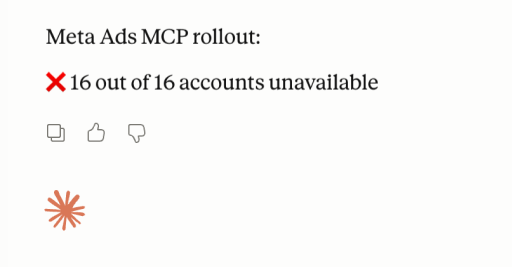 Claude response showing 16 out of 16 ad accounts are unavailable for the Meta Ads MCP