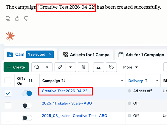 Claude chat confirming a campaign was created via the Meta Ads MCP with the same campaign visible in Ads Manager