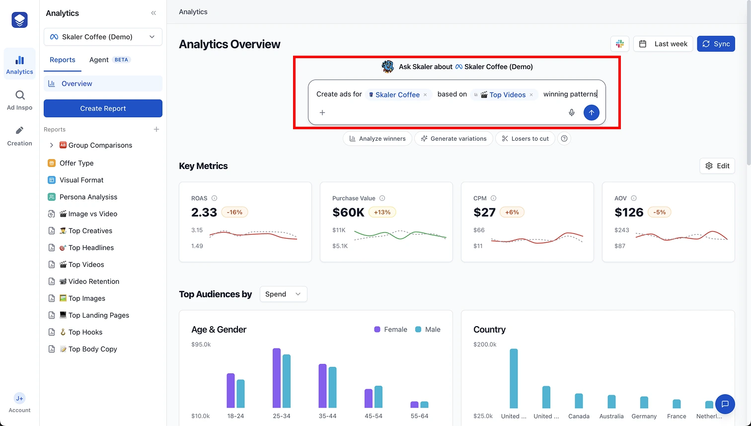 Skaler dashboard showing top hooks ranked by spend across a competitor's active ads, with hook copy, format, and reach signals