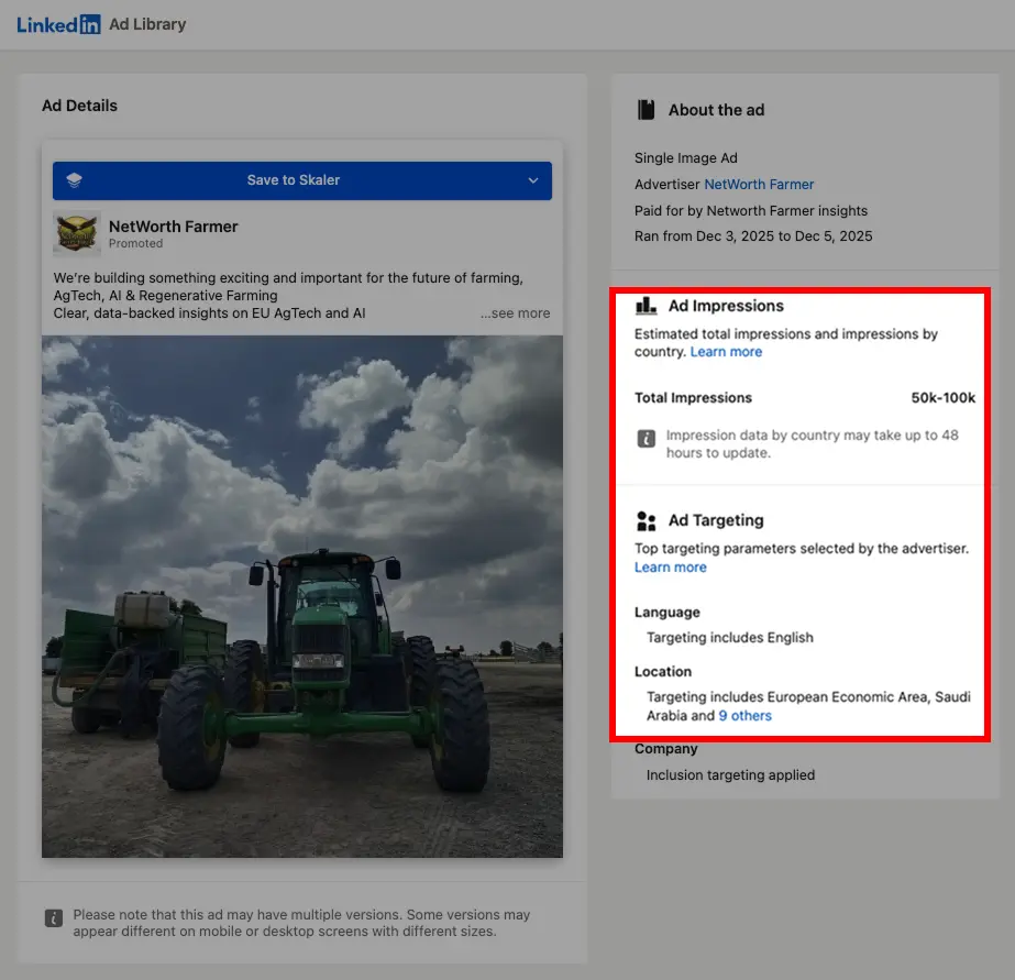 LinkedIn ad transparency panel