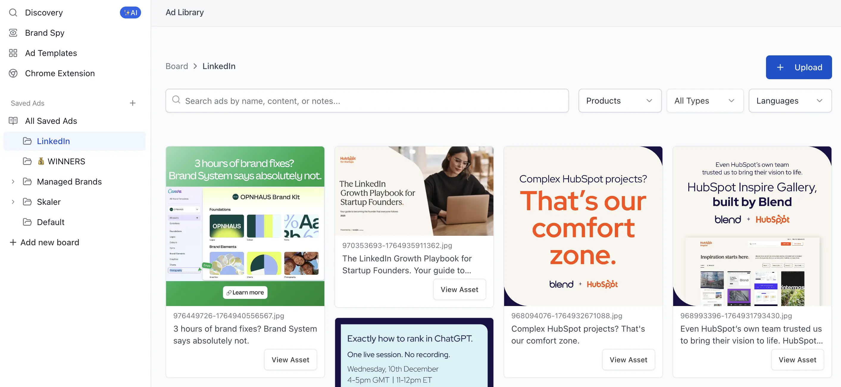 Skaler board of LinkedIn competitor ads