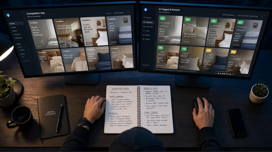 Overhead shot of a dual-screen workstation showing competitor Facebook ads on the left monitor and AI-tagged ranked ads on the right, illustrating the indexed-data layer beneath an AI agent