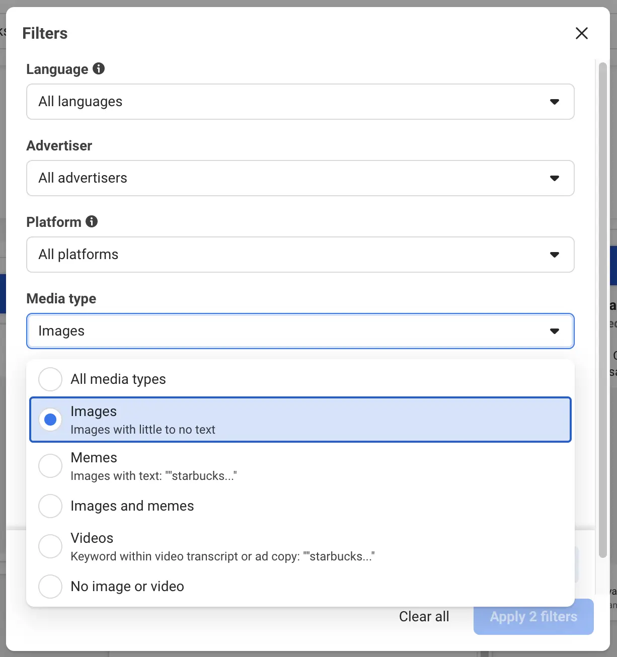 Filters in Meta Ad Library