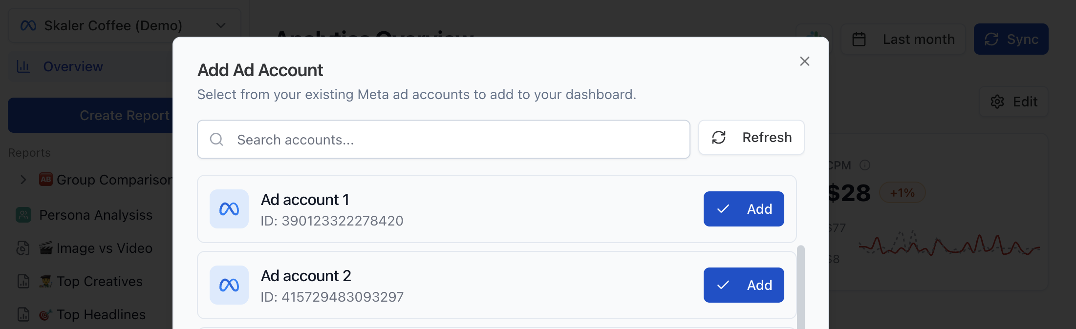 Select ad account page