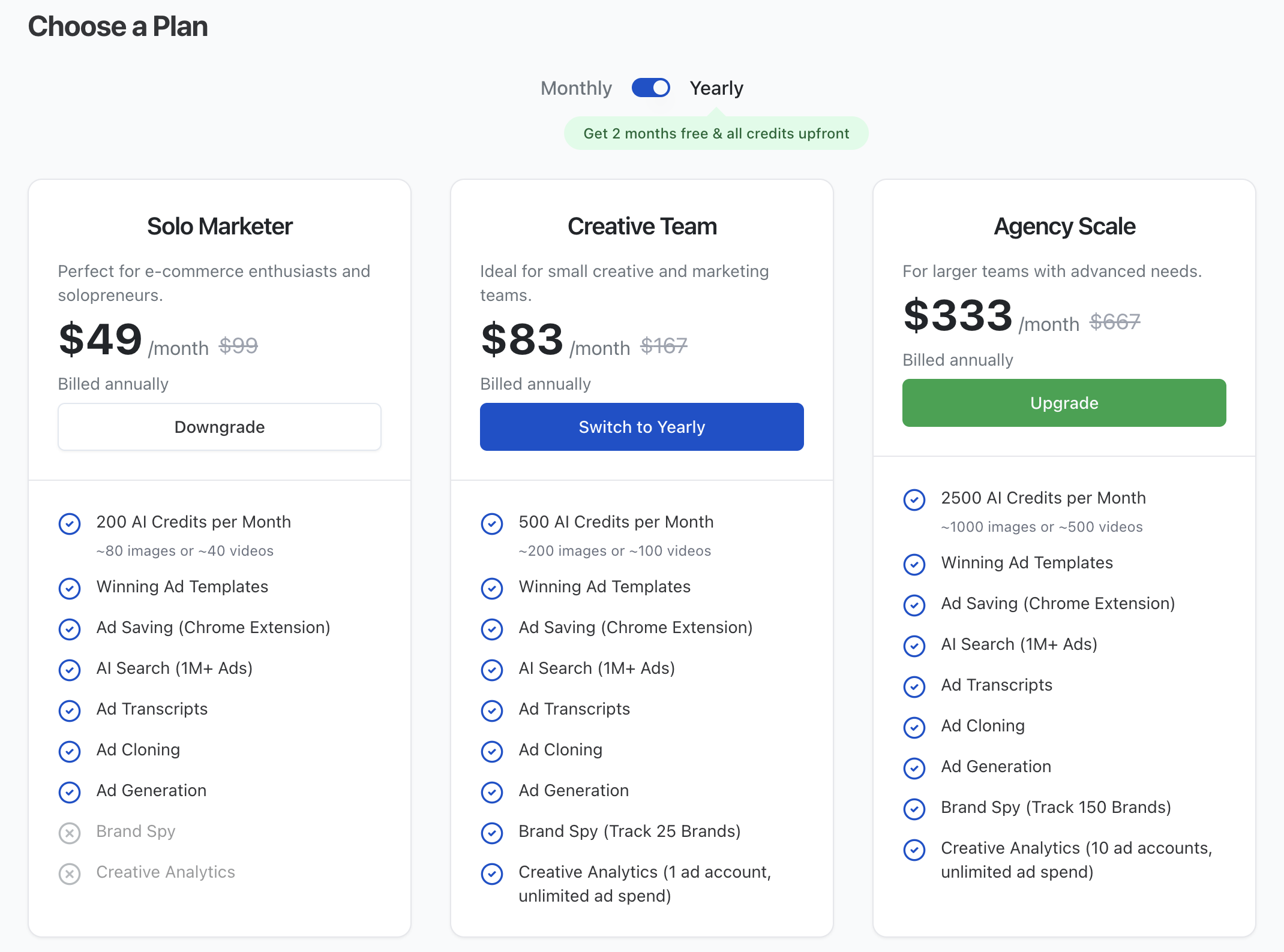 Subscription page with plans