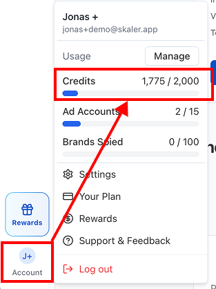 Credits in user menu