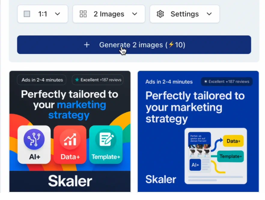 Instant Image Variations - Skaler feature illustration showing Clone a static ad and get multiple new versions with your product, branding, and value props. Test d...