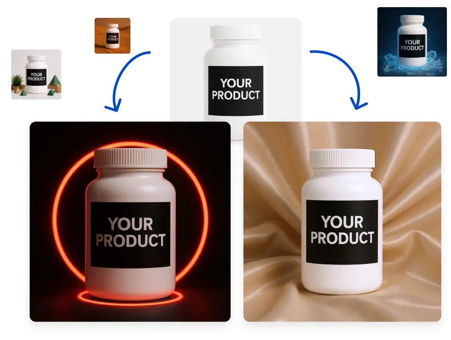 Product Shot Generator - Skaler feature illustration showing Create studio-quality product imagery—tabletop, lifestyle, flat-lay, packaging close-ups—without a p...