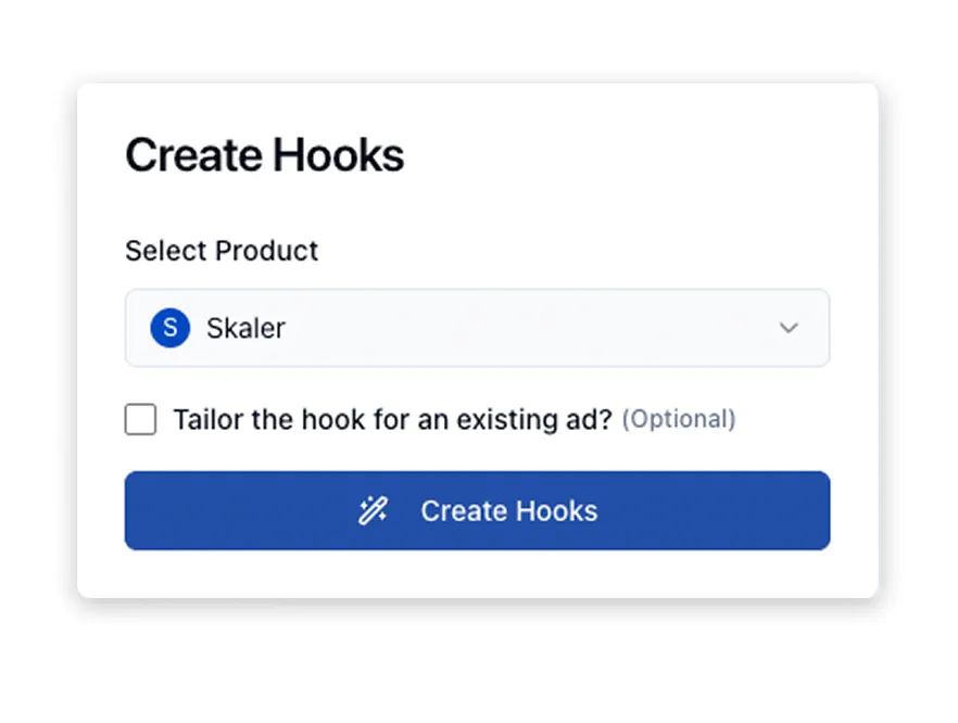 Hook Studio & Copy Refining - Skaler feature illustration showing Generate hook options (problem, pattern-break, curiosity, proof). Refine or change angles and approv...