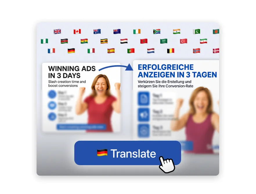 Instant Translation - Skaler feature illustration showing Translate any ad into 100+ languages with cultural nuance. Auto-reflow text layers for localized ima...