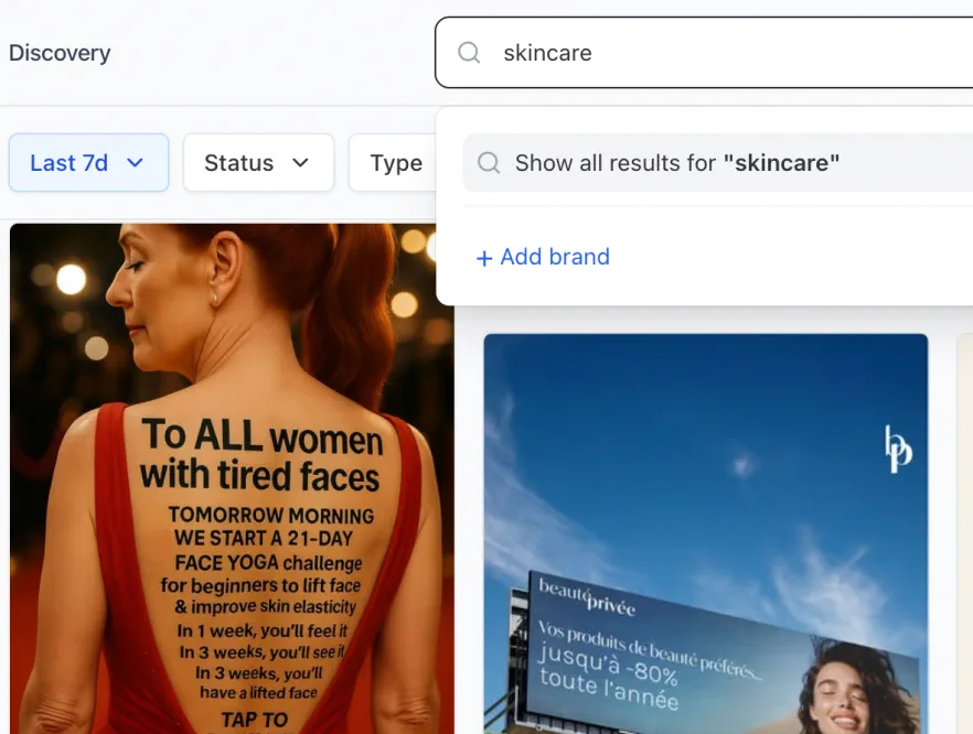 Advanced Meta Search - Skaler feature illustration showing Search Facebook & Instagram ads by keyword, brand/page, platform, country, language, media type (ima...