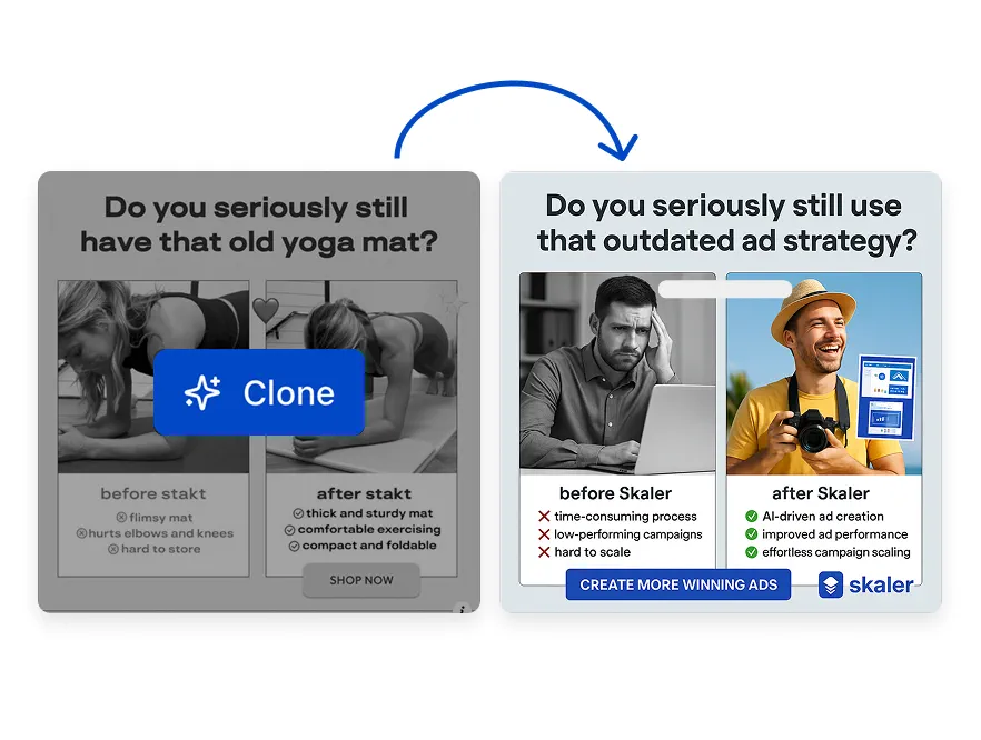Instant Clone → On-Brand (Images & Video Scripts) - Skaler feature illustration showing Send any template to AI Ad Cloning to generate unique, on-brand image concepts in seconds....