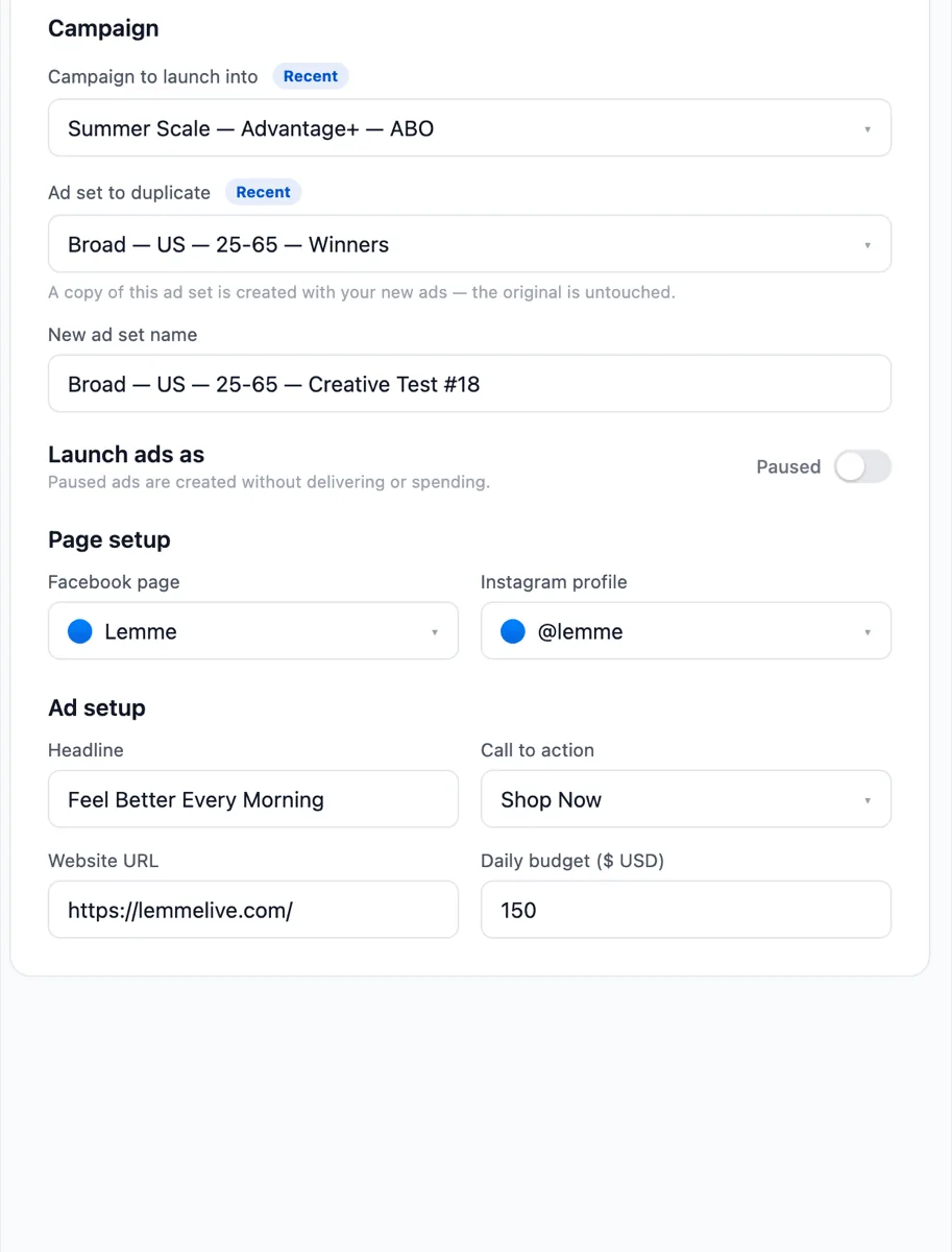Settings That Fill Themselves - Skaler feature illustration showing Pick a campaign and ad set to duplicate — Skaler pulls the page, budget, tracking parameters, and yo...