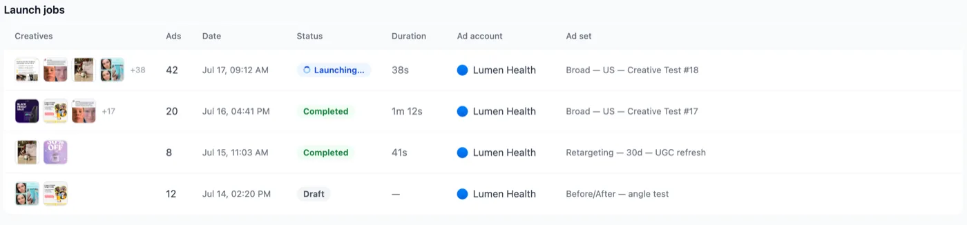 Launch Log & Status Tracking - Skaler feature illustration showing Every launch is a job with per-ad statuses. Launch paused for safe review, retry failures without du...